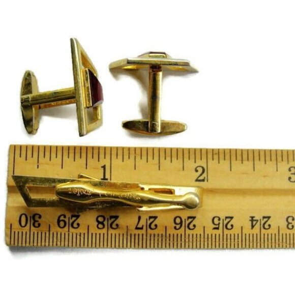 Dante Vintage Red Stone Cufflink Set Clasp Neck Tie Clip Gold Tone Shirt Tux - Picture 12 of 12